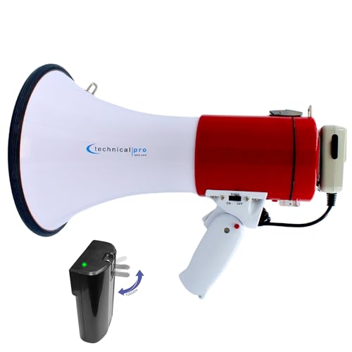 Technical Pro Rechargeable Portable 75-Watt Megaphone Bullhorn Speaker w/Siren & Detachable Microphone - Battery w/Battery a Built-in AC Wall Charger, Good for Trainers, Coaches, Cheer Leaders