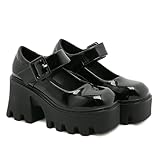 NVBUKE Women's Black Leather Platform Wedge Heel Mary Jane Shoes Retro Round Toe Lacquered Adjustable Buckle Non-Slip Chunky Height-Enhancing Gothic High Heels Suitable for Party Dances (Black/A,8)