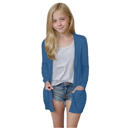 Strickjacke Mädchen Leichte Atmungsaktiv übergangsjacke Kinder Lang Cardigan Einfarbige Mode Jacke Langarm Dünn Strickjacke Outdoor Softshelljacke (1-Dark Blue, 9-10 Years)