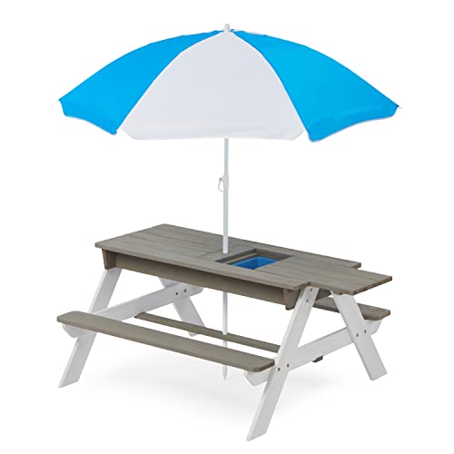 CEMKAR Wooden Kids Picnic Table with Adjustable Umbrella & Sand/Water Tray - 3-in-1 Activity Table for Outdoor Backyard Play (Ages 3-8, White & Gray)