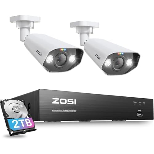 ZOSI 4K Home PoE Security Camera System,2pcs 8MP Outdoor Indoor Bullet IP Cameras,Person Vehicle Detection,Night Vision,2 Way Audio,Floodlight Siren,8