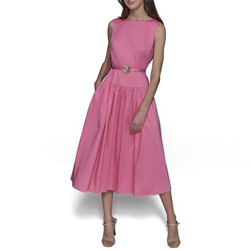 Image of Karl Lagerfeld Women's Sleeveless Boat Neck Drop Waist Belted Midi Dress