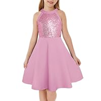 GRACE KARIN Girls Sequin Party Dress Cut-Out Shoulder Round Neck A-Line Evening Dress Light Pink 12 Years