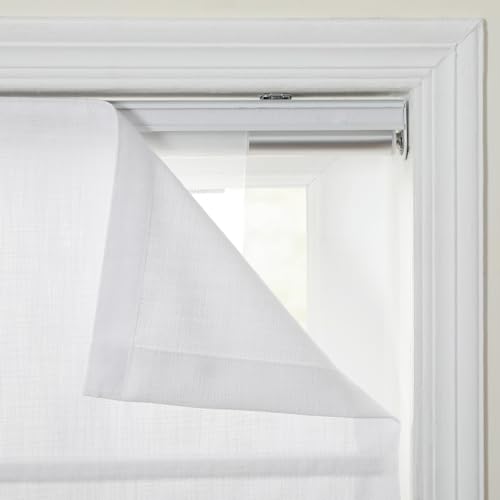 Image of TWOPAGES Isabella No Drill Cordless Roman Shade Linen Textured Cotton Roman Blind for Windows, Custom Made Room Darkening Blackout Roman Window Shade, Hardware Included, Paper White, 1 Piece