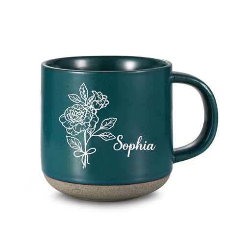 Customized Birth Flower Ceramic Tea Mug, Personalized Coffee Mugs with Name/Text, Custom Gifts for Christmas Wedding Birthday (Blue)