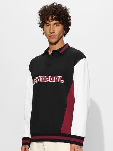 Image of The Souled Store Official Deadpool: The Anti-Hero Men and Boys Long Sleeves Collared Neck Multicolor Graphic Printed Cotton Oversized Rugby Polos