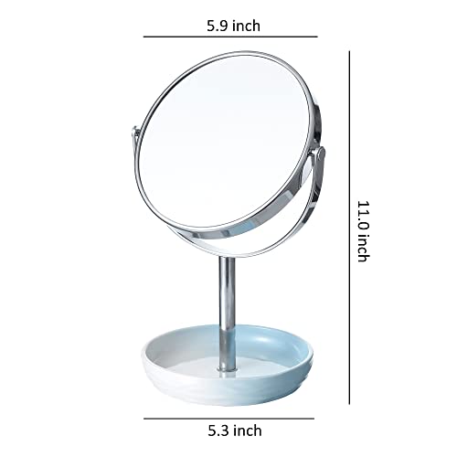 Motifeur Bathroom Accessories - 360 Degree Rotating Two-Sided Makeup Mirror With 1X/5X Magnification, Metal Frame And Decorative Ceramic Tray (Blue And White Gradient) #TOP1