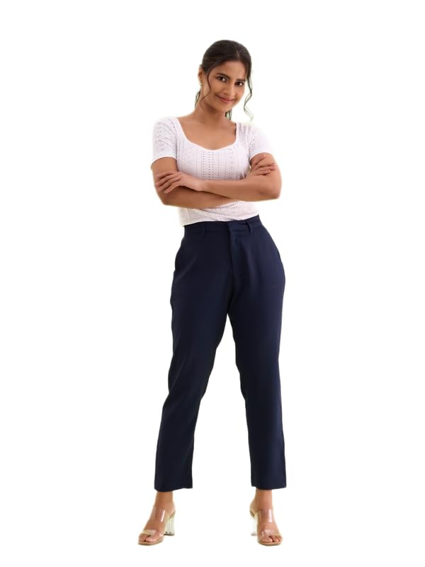 Image of GO COLORS Solid Formal Crepe Pants for Women | Mid Rise, Side Pocket