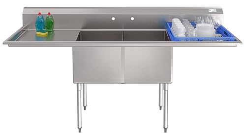 Image of KoolMore 84 in. 18-Gauge 2-Compartment Commercial Sink with Backsplash and 24 in. Dual Drainboards, Bowl dimensions 18 inchx24 inchx14 inch in Stainless-Steel (KM-SB182414-24B3)