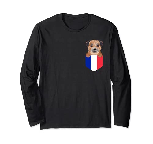 France Flag Border Terrier Dog In Pocket Long Sleeve T-Shirt, Black