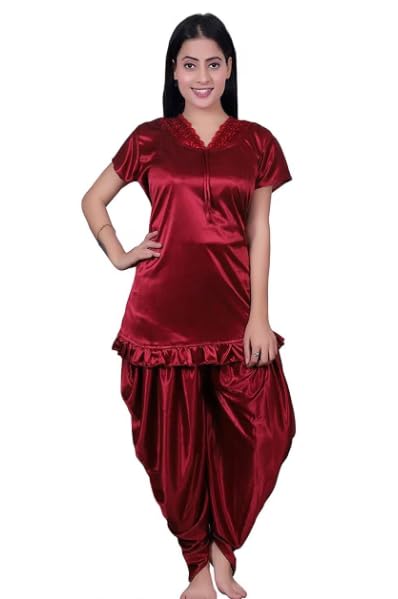 Women's Satin Nightsuit Set, Top and Patiala Pants, Wine-picture-14