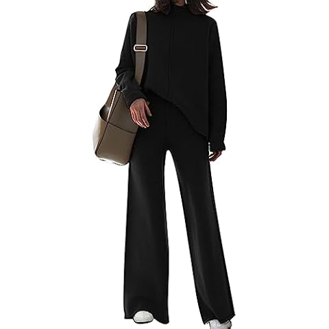 HUUSA Women's 2 Piece Sweatsuit Outfits Long Sleeve High Neck Knit Pullover Sweater Top High Waist Wide Legs Pants Lounge Set Black S Cover