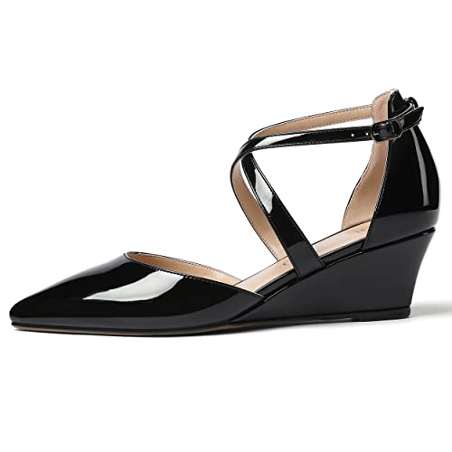 MODENCOCO Women's Dating Pointed Toe Cute Criss Cross Strap Buckle Patent Wedge Low Heel Pumps Shoes 2 Inch2