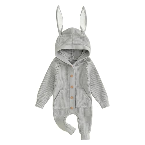 Image of Ynibbim Winter Newborn Baby Boy Girl Solid Romper Unisex Infants Hooded Outfit Clothes Waffle Cotton Button Jumpsuits