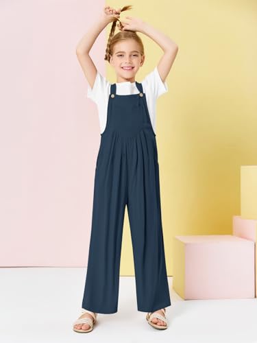 Image of Haloumoning Girls Overalls Kids Casual Sleeveless Wide Leg Jumpsuit Loose Rompers with Pockets 5-14 Years