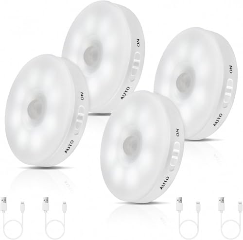 Image of 4 Pcs Motion Sensor Light for Home Rechargeable LED, PIR Motion Sensor Night Light Wireless, Auto On /Off Closet Wardrobe Cabinet Light, Magnetic Stick-On Indoor Lighting for Stairs Kitchen Hallway