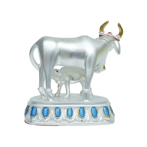 Image of Silver Plated Cow and Calf Idol | Satin Finish Holy Kamadhenu Statue on Royal Blue Base | Spiritual Decor for Home & Pooja Room | 15.3 x 9 x 12.3 cm