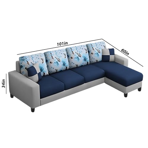 Image of Casaliving - Rolando 6 Seater L Shape Sofa for Living Room with 2 Puffy | Color - Blue Grey | Right Side Sofa (Wood)