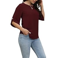 Oneezit Camisetas Mujer Manga Corta,Verano Elegante Camisas Casual Suelta Camisa Cuello Redondo T Shirts Manga 3/4 Tops Blusas Burgundy XX-Large
