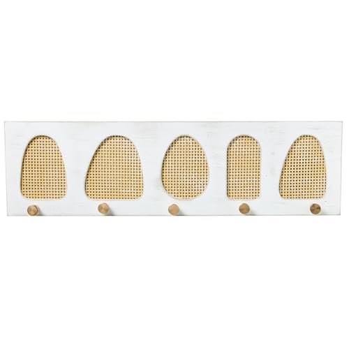 DRW Perchero de Pared Madera y Mimbre con 5 Ganchos Blanco y Natural 60x4x17 cm
