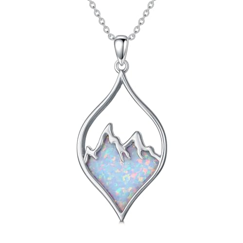 SLIACETE White Opal Mountain Necklace for Women Sterling Silver Opal Necklace Mountain Pendant Necklace Nature Jewelry Gift for Skiers, Hikers, Campers, Climbers and Nature Lovers