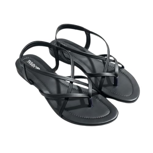 Image of Women's Strappy Flat Sandals, Black and Peach, Casual Summer Footwear