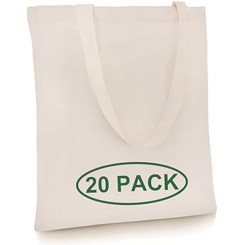 Simply Cool 20-Pack Canvas Tote Bags Bulk, Reusable, Grocery Medium Lightweight Cotton Cloth Bags for Advertising, DIY Projects, Crafts, Painting, Embroidery, Custom Logo Cover