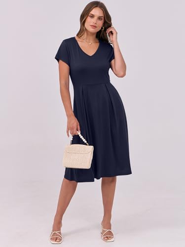 Image of ANRABESS Women Summer Dress Casual Short Sleeve V Neck A-Line Knee Length Pleated Flowy 2026 Fashion Midi Dresses with Pocket