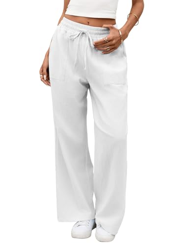 EDOTON Womens Linen Trousers Fashion Summer Joggers Wide Leg Trouser Slightly Transparent with Lining Drawstring Casual Pockets L White