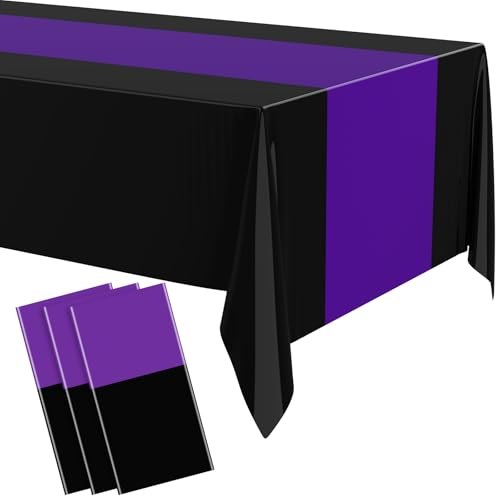 Image of Oudain 3 Pcs Plastic Table Cloths Disposable 54 inch x 108 inch, Black, Purple | Rectangle Table Cover, Waterproof Tablescloths for Back to School Wedding Baby Shower Birthdays Party Decoration