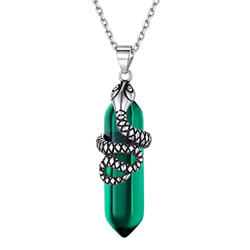 ChicSilver 925 Sterling Silver Snake Wrapped Crystal Point Pendant Necklace Reiki Energy Healing Crystal Stone Necklace Hexagonal Gemstone Green Emerald Jewelry for Women - May Birthstone