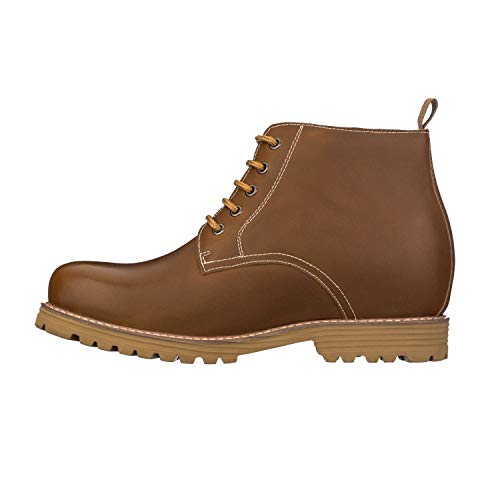 CALTO Men's Invisible Height Increasing Elevator Shoes - Brown Premium Leather Lace-up Round-toe Work Boots - 3.4 Inches Taller - S8751 - Size 11.5 D(M) US3
