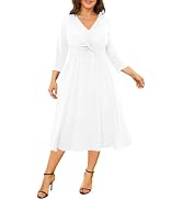 Talisea Plus Size Dress for Women Twist Knot V Neck 3/4 Sleeves A Line Wedding Guest Midi Dresses