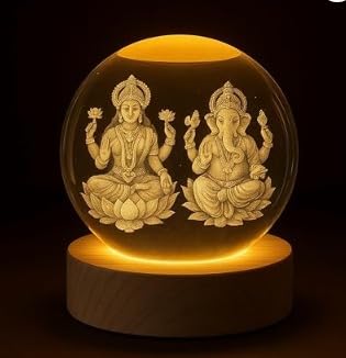VILOHITA Traders Laxmi Ganesh 3D Crystal Ball LED Table Lamp with Wooden Base, Premium K9 Crystal, Spiritual Home Decor, Warm Light, Puja Gift Light-image-15