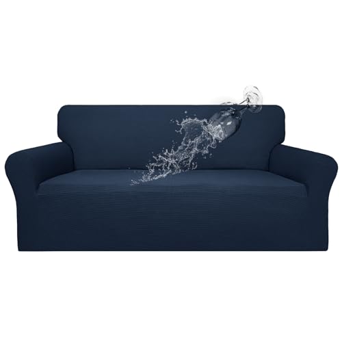 Image of Easy-Going 100% Waterproof Couch Cover, 3 Cushion Oversized Sofa Cover | Leakproof Sofa Slipcover, Stretch Jacquard Furniture Protector Against Stain Spill from Kids, Pets, Dog, Dark Blue