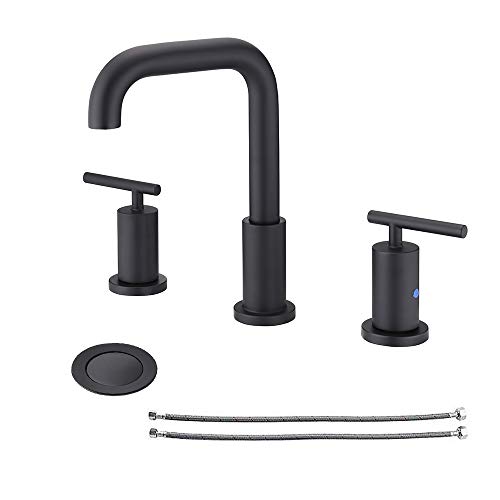 NEWATER Double Handle 8 inch Widespread Three Hole Brass Bathroom Sink Faucet with Pop Up Drain & Supply Lines Lavatory Faucet Mixer Tap,Matte Black(CWF030B-MB)