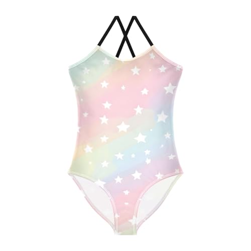 White Stars Rainbow Pattern Girls Swimsuit One Piece Bathing Suit Beach Swimwear with Adjustable Straps 3-10Years