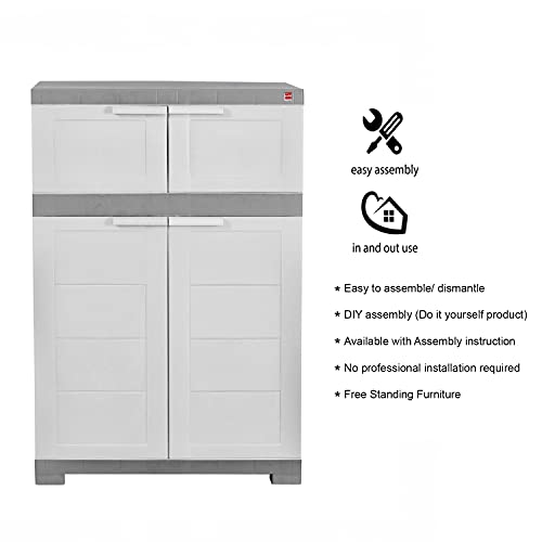 Image of CELLO Novelty Dual Plastic Shoe Rack with Dustproof Doors| 3 Year Warranty | Chappal /Slipper /Footwear Stand for Home, Living Room, Office, Outdoor| White & Grey Colour