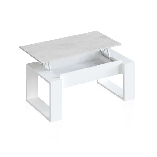 duehome | Mesa de Centro elevable, Mesita para Salon, Mesa Auxiliar, Modelo Neo, Acabado en Color Blanco Artik y Gris Cemento, Medidas: 105 cm (Largo) x 55 cm (Ancho) x 45-54 cm (Alto)