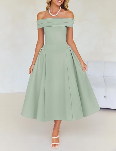 Image of ZESICA Summer 2026 Cocktail Dresses for Women's Off Shoulder Short Sleeve Swing A Line Wedding Evening Party Midi Dress