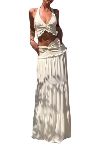 Famnbro Womens 2 Piece Skirt Sets Halter V Neck Y2k Top and Flowy Ruffle Maxi Skirts Summer Vacation Outfits