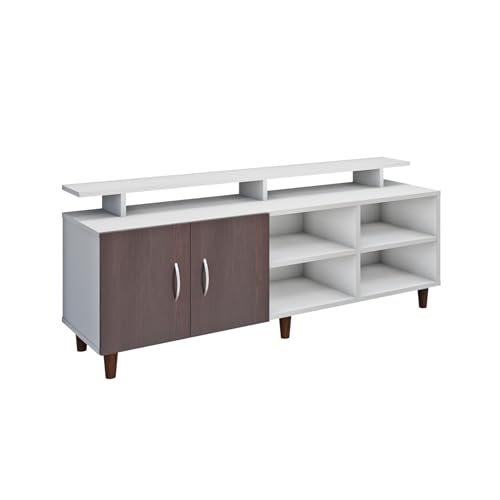 Image of VIKI Modern TV Unit for Living Room | Engineered Wood TV Cabinet with 2 Door Storage, 2 Open Shelves & Extension, Entertainment Unit, 140W x 48H x 40D cm | DIY | 1 Year Warranty (White & Wenge)