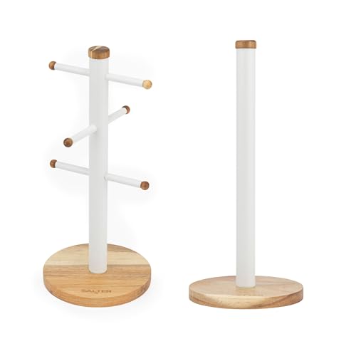 Salter Toronto Mug Tree & Kitchen Roll Holder - Acacia Wood Countertop Stand, 6 Brand Display for Coffee Mugs, Freestanding, Kitchen Storage, Worktop Organiser, White