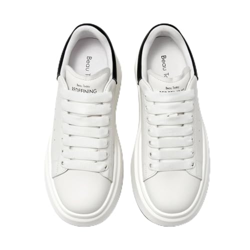 Image of BEAU TODAY Platform White Sneakers for Women,Leather Casual Tennis Shoes