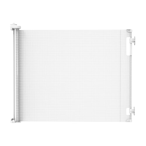 Retractable Baby Gate Perma Child Safety 33' Tall x 71” Wide, Mesh, for Stairs, Doorways, Dogs, Pets, Indoor, Outdoor, One-Handed Operation, Locking, Easy Install, Hardware Mount, White