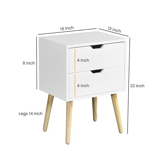 Image of Brown Art SHOPPEE 2-Drawer End Side Table with Drawer and Solid Wood Legs, Bedside Table for Bedrooms, Mid-Century Modern Drawer Storage Cabinet for Bedroom & Furniture (Full White)