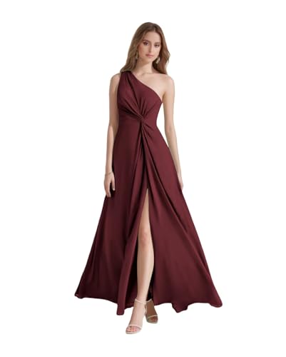 One Shoulder Chiffon Bridesmaid Dresses Long for Women with Slit Ruched Formal Prom Dress