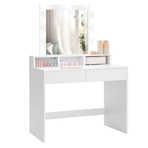 VASAGLE Dressing Table, LED Lights with Adjustable Brightness, Vanity Table with Mirror, 2 Drawers and 3 Compartments, Makeup Table, Modern, White RDT194T14 25 VASAGLE Dressing Table, LED Lights with Adjustable Brightness, Vanity Table with Mirror, 2 Drawers and 3 Compartments, Makeup Table, Modern, White RDT194T14