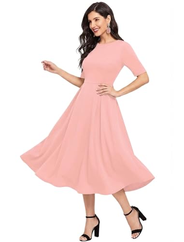 Image of LONDON BELLY Women's Poly Cotton Midi Dress with Round Neck 3 /4 Sleeves Solid Pattern Regular Fit and Calf Length | Women Midi Dress | Casual Party Summer for Womans