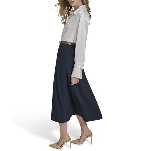 H HALSTON Women's Long Sleeve Shirt Collared V-Neck Midi Dress3